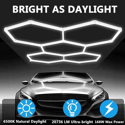 Hexagon Garage LED Light 168W Honeycomb Ceiling Panel 6500K RGB 20736LM Super Bright Five Grid Hex for Garages