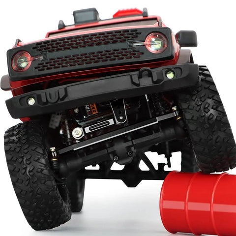 Front view of RC crawler with Axial SCX24 Steering Servo Upgrade Kit With Metal Gear, Mount Bracket, Arm And Steering Link Set installed