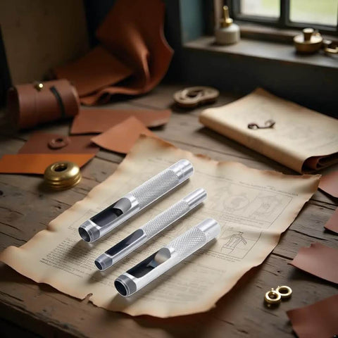 Pro Grade Heavy Duty Steel Leather Hole Punch Set Three Piece Grommet Punch Kit With Sizes One Quarter Inch Three Eighths Inch And One Half Inch for leather crafting on a wooden table.