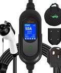 Portable Level 2 EV Charger 50 Amp 240 Volt Nema 1450 Plug With 25 Foot Cable For Blazing Fast Charging Up To 45 Mph Featuring Smart Lcd Panel