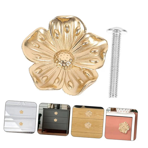 Brass Flower Cabinet Handles Set For Wardrobe And Dresser, vintage-style gold-tone drawer knobs with single-hole install
