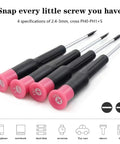Four pink and black precision screwdrivers suitable for electronics and small repairs, with various specifications and cross PH0-PH1+S heads.
