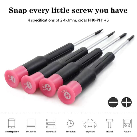 Four pink and black precision screwdrivers suitable for electronics and small repairs, with various specifications and cross PH0-PH1+S heads.