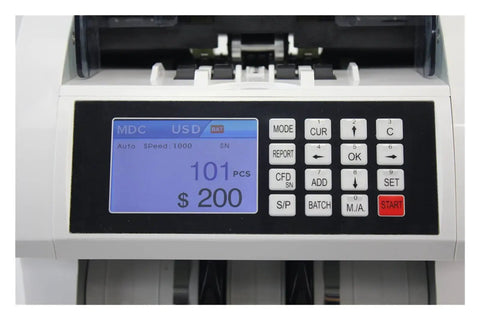 Heavy Duty Multi Currency Bill Counter Machine With Smart Fake Money Detector No Cap Precision display showing counted bills amount.