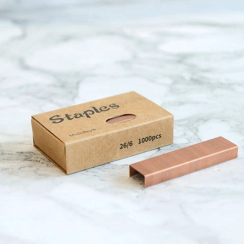 Box and strip of Rose Gold Staples Refill Kit With 7000 Premium 26 By 6 Standard Size Staples, 12mm Width, 7 Box Pack