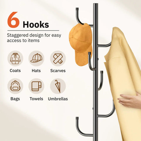 Heavy Duty Freestanding Coat Rack With Solid Wood Base And Metal Coat Tree 6 Hook Hanger Stand For Jackets Hats Bags No Wobble