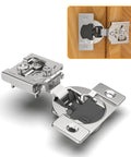 Premium Self Closing Soft Close Cabinet Hinges 10 Pack With Smooth As Butter Action Satin Nickel stainless steel hinge detail with mounting plate.