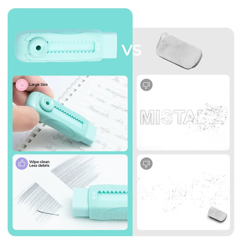 4 Pack Cute Retractable Eraser Set For Kids With Push Pull Design, Sliding Pencil Erasers in use, effective cleaning vs regular eraser