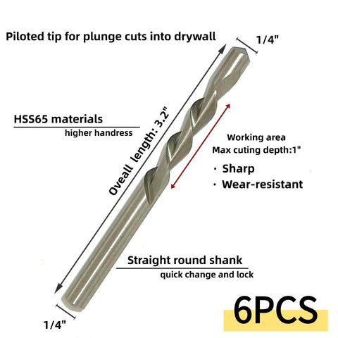 6-Piece One Quarter Inch Drywall Cutting Bits With Guide Point For Plunge Cuts HSS65 M2 High Speed Steel Sharp And Wear Resistant Pro Grade