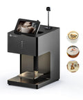 Dope Latte Art Coffee Printer With Camera EB FC1 For Custom Multicolor Selfie Prints On Foam Drinks, DIY Cake Decoration For Cafes And Museums, FancyBox Black, High Definition Photo Printing Machine shown with sample prints