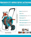 Mobile Garden Hose Reel With Smooth Rolling Wheels And Foldable Handle Heavy Duty Water Hose Cart For Backyard Irrigation Includes Forty Meter Pipe, blue metal and PVC cart with wheels.