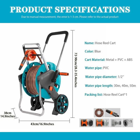Mobile Garden Hose Reel With Smooth Rolling Wheels And Foldable Handle Heavy Duty Water Hose Cart For Backyard Irrigation Includes Forty Meter Pipe, blue metal and PVC cart with wheels.