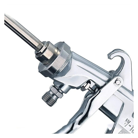 Heavy Duty Stainless Steel Paint Sprayer With Long Reach Pole and Precision Adjustable Nozzle close-up of nozzle and trigger mechanism.