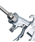 Close-up of Professional Paint Spraying Machine Stainless Steel Pressure Feed Long Pole Spray Gun nozzle with precision details.