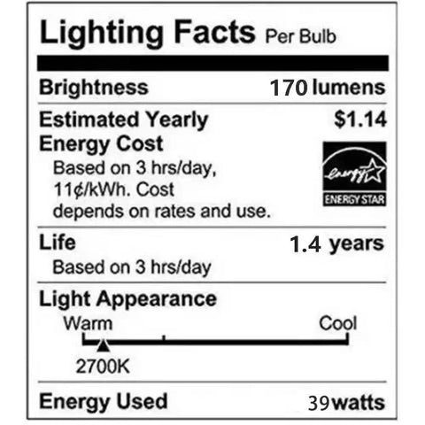 Lighting facts for Warm White Incandescent Torpedo Tip Chandelier Bulbs With Frosted Clear Glass For E26 E27 Medium Bases, 39W