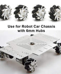 Moebius 60mm Mecanum omni wheels, 4-pack with 6mm hubs for 6mm motor shafts, shown on a silver robot chassis