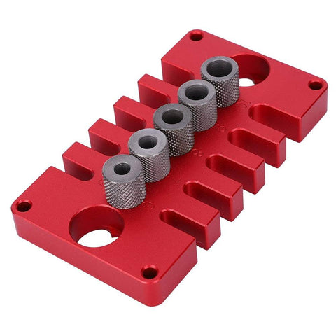 Punch Positioner Dowel Jig 3-In-1 Drill Guide Block For Woodworking, red aluminum alloy with metal bushings, top view