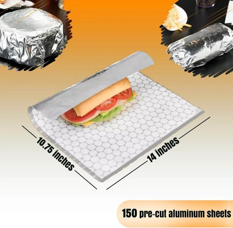150 Sheets Insulation Aluminum Foil Sandwich Wrapping Paper Sheets 10.75 x 14 Inches with sandwich illustration