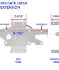 Self Closing Vinyl Fence Gate Hardware Kit White Includes Two Hinges And One Latch With Screws For PVC Fencing Adjustable Gate Gap Three Quarters Inch To One And One Half Inch Lockable On Both Sides No Fuss Durable And Easy To Install featuring white gate latch with extension side and front view showing dimensions.