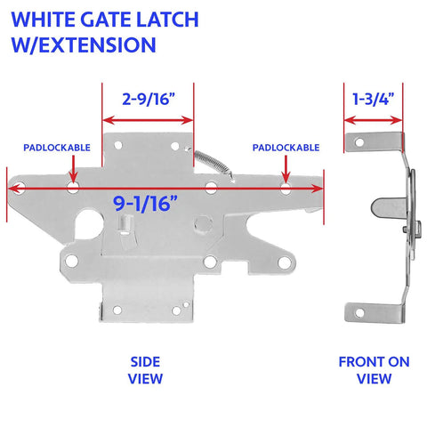Self Closing Vinyl Fence Gate Hardware Kit White Includes Two Hinges And One Latch With Screws For PVC Fencing Adjustable Gate Gap Three Quarters Inch To One And One Half Inch Lockable On Both Sides No Fuss Durable And Easy To Install featuring white gate latch with extension side and front view showing dimensions.