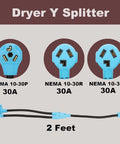 Three Prong Dryer Y Splitter Cord 2 Ft NEMA 10 30P Male To Two NEMA 10 30R Female 30 Amp 250 Volt 7500W STW 10 AWG UL Listed