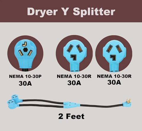 Three Prong Dryer Y Splitter Cord 2 Ft NEMA 10 30P Male To Two NEMA 10 30R Female 30 Amp 250 Volt 7500W STW 10 AWG UL Listed