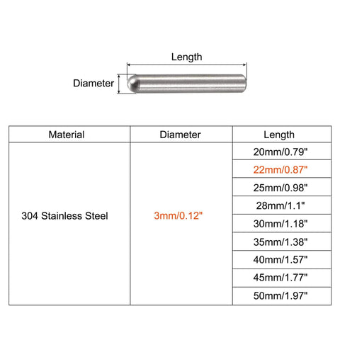 3x22mm Dowel Pins In 304 Stainless Steel, Round Head With Flat Chamfered End, 10 Pc Set For Shelves And Bunk Beds, diagram view
