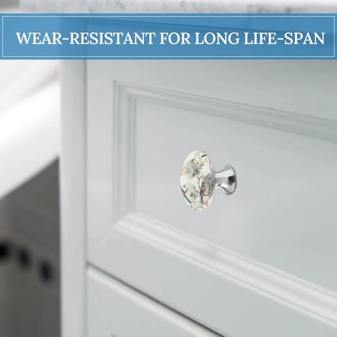 Round Cabinet Knobs With Screws For Dresser Kitchen And Bathroom, stainless steel floral knob on white cabinet door