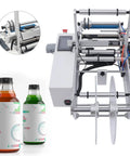 Top Tier Semi Automatic Round Bottle Labeler With Quick Adjustments For 20 To 120Mm Sizes showcasing two labeled bottles and machine detail.