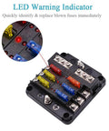 Waterproof 12V Fuse Panel With LED Warning Indicators, 6-Circuit Marine Boat Fuse Box With Negative Bus, close-up view