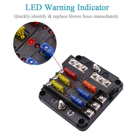 Waterproof 12V Fuse Panel With LED Warning Indicators, 6-Circuit Marine Boat Fuse Box With Negative Bus, close-up view
