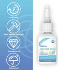 Front view of 30g Glass Glue bottle with text highlighting fast, strong bond, water resistance, and transparency features.