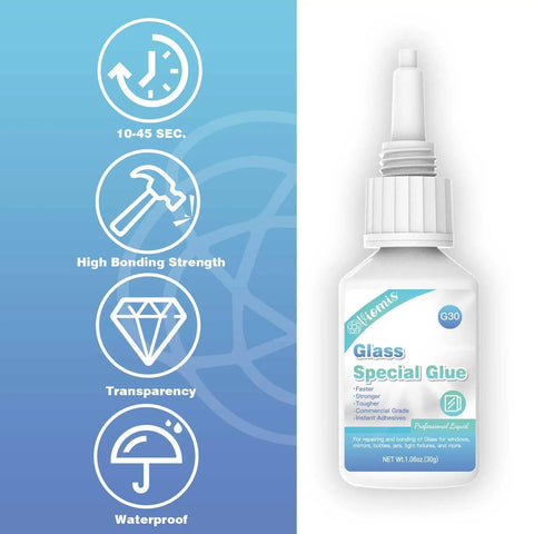 Front view of 30g Glass Glue bottle with text highlighting fast, strong bond, water resistance, and transparency features.