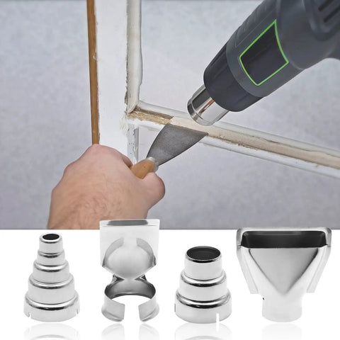 Four Pcs Heat Gun Nozzle Kit Pro Grade Stainless Steel Reflector Nozzle Curved Nozzle And Round Nozzles used on window frame