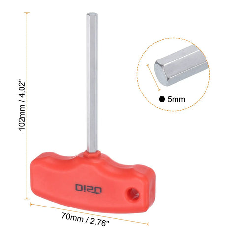Two Pack 5mm T Handle Hex Key Wrench Set, Long Arm Inner Hex T Key Wrenches For Automotive And Home Repair, S2 Steel With Chrome Finish, 70mm Shaft, 102mm Overall, Ergonomic Grip; 5mm T-handle wrench with red grip