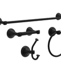Set of matte black bathroom fixtures including a hand towel ring holder, bar, hook, and holder. Corrosion resistant for easy use.