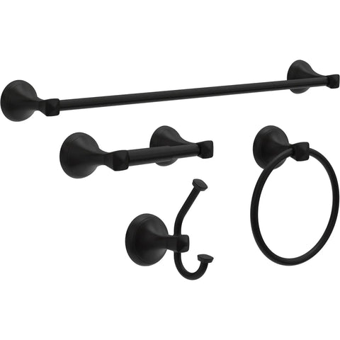 Set of matte black bathroom fixtures including a hand towel ring holder, bar, hook, and holder. Corrosion resistant for easy use.