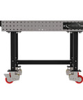 Heavy Duty Mobile Welding Station Rig With Precision Laser Cut Holes And Heavy Suspension For A Badass Workshop Setup And Custom Metal Craftsmanship Plus Locking Casters, side view showcasing locking casters and steel frame.