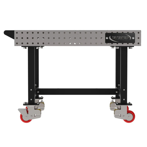 Heavy Duty Mobile Welding Station Rig With Precision Laser Cut Holes And Heavy Suspension For A Badass Workshop Setup And Custom Metal Craftsmanship Plus Locking Casters, side view showcasing locking casters and steel frame.
