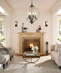 Farmhouse Orb Chandelier with 4 Lights in living room, handmade distressed wood and rusty metal fixture, rustic pendant lighting.
