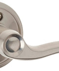 Camelot Front Entry Handleset With Left Handed Flair Lever In Satin Nickel Finish close-up view of lever design