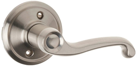 Camelot Front Entry Handleset With Left Handed Flair Lever In Satin Nickel Finish close-up view of lever design