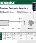 Electrolytic Capacitor Assortment Kit dimensions and specifications diagram, 50V aluminum capacitor, shape and tolerance details.