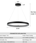 Black One Ring LED Chandelier Dimmable Modern Pendant Light diagram with 51.8-inch adjustable wire and 23.62-inch width, 6000K