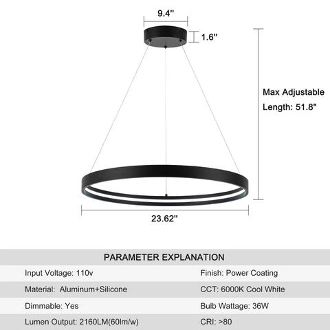 Black One Ring LED Chandelier Dimmable Modern Pendant Light diagram with 51.8-inch adjustable wire and 23.62-inch width, 6000K