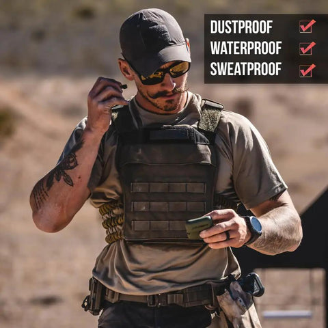 Person at shooting range wearing tactical gear with waterproof, dustproof, and sweatproof features.