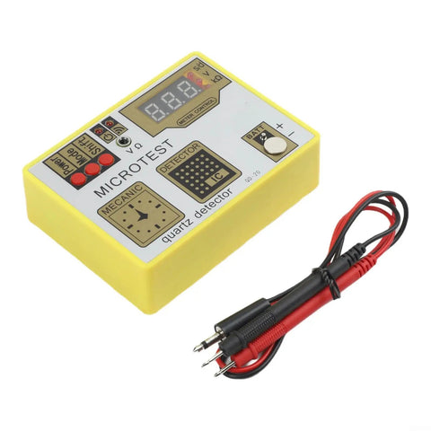 Multifunction Watch Pulse Tester Kit For Quartz Movement Accuracy Checks And Demagnetizing, yellow device with diagnostic cables