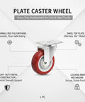 Red Polyurethane Plate Caster Wheel With Brake, heavy duty swivel replacement for industrial hand trucks and carts, floor safe