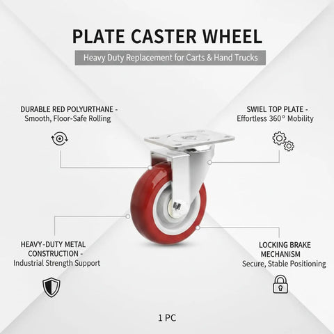 Red Polyurethane Plate Caster Wheel With Brake, heavy duty swivel replacement for industrial hand trucks and carts, floor safe