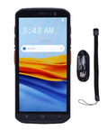 Rugged Handheld Barcode Scanner With 5.5 Inch Touch Screen for logistics and warehouse use, shown with cable and strap accessories.